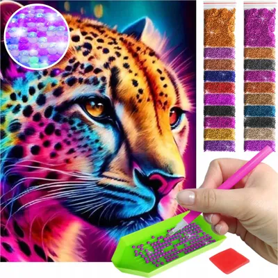 Produktbild von ARTULIO - Diamond Painting Set - Neon Leopard Porträt - 40 x 30 cm - AB Steine, AB Diamant - 5D Diamant Painting, Crystal Art