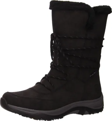 A single black winter boot is shown against a white background.