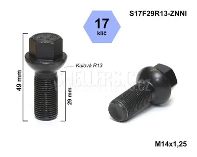 Obrázek produktu pro Kolový šroub M14x1,25x29 kulový R13, klíč 17, S17F29R13-BLACK, černé, výška 49