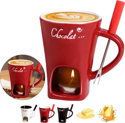 Produktbild von Schokofondue Set, Mini Keramik Fondue-Set mit Kerze, 200ml Schokofondue Becher + Gabel