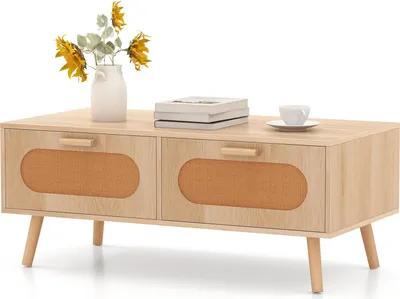 Zdjęcie produktu dla Rattanowy stolik kawowy COSTWAY, nowoczesny stolik kawowy z 2 szufladami i schowkiem z tyłu, prostokątny stolik akcentujący 100 x 50 x 41 cm, naturalny