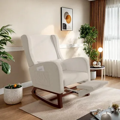 Zdjęcie produktu dla ProximaX Wygodny fotel bujany z wysuwanym podnóżkiem w kolorze beżowym wykonany z bawełnianego lnu - leżanka z bocznymi kieszeniami i poduszką do salonu, balkonu lub ogrodu zimowego