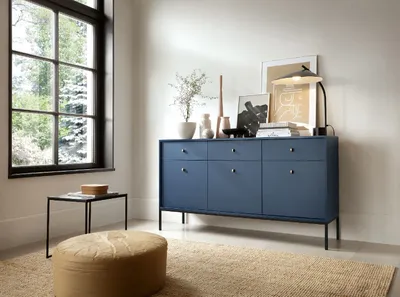 Produktbild von Kommode MONO MKSZ154 Sideboard mit 3 Türen mit 3 Schubladen Highboard Schrank Wohnzimmer Dunkelblau mit Schwarze Rahmen