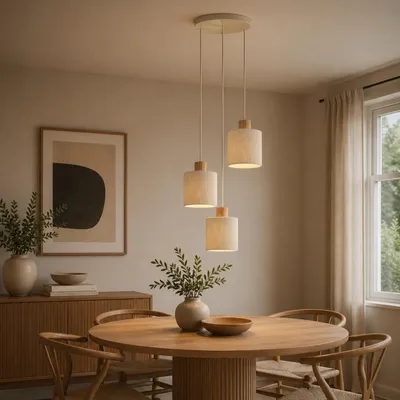 Produktbild von Pendelleuchte, Höhe 150cm, Ø 40cm, 3 x E27 Fassung, Textil/Holz, beige