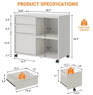 Image de Armoire d'archivage en bois - Rangement mobile de bureau avec 3 tiroirs - Compartiment ouvert - Roulettes verrouillables - Adapté aux classeurs suspendus format Letter/A4 - Largeur : 78 cm - Blanc