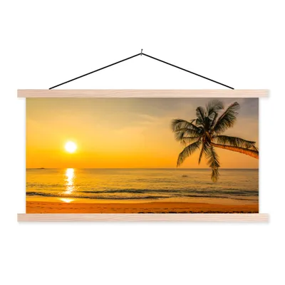 Produktbild von MuchoWow® Textilposter Palme - Strand - Sonnenuntergang - Meer 120x60 cm mit holzfarbenen Rahmen - Klemmleiste