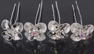 Produktbild von 4 Haarnadeln Strass Blüte Schleife Braut Kommunion Hochzeit Ball Haarschmuck