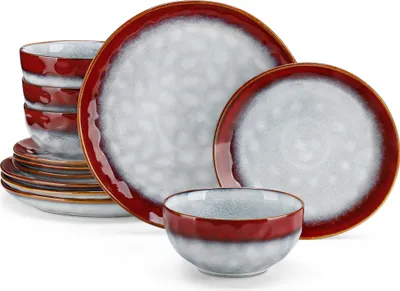A set of ceramic dishes with a red and gray gradient.