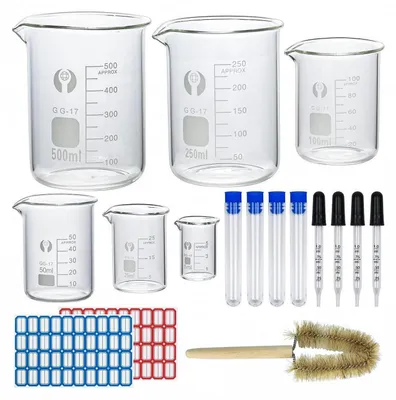 Produktbild von Messbecher Set Borosilikatglas 6 Stück 500ml-5ml mit Pipetten und Becherpinsel