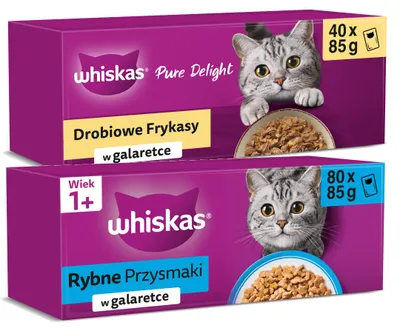 Zdjęcie produktu dla Whiskas Adult 80x85g Rybne Przysmaki I Drobiowe Frykasy Mokra Karma Dla Dorosłych Kotów 8 Smaków W Galaretce