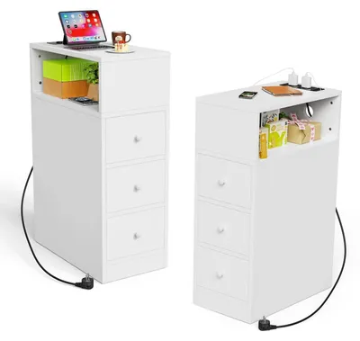 Immagine prodotto di Set di 2 comodini stretti con 3 cassetti e presa di corrente, dimensioni 25x45x70 cm, colore bianco