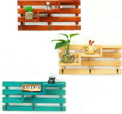 Immagine prodotto di Gancio a parete in legno con 3 ganci galleggianti Scaffale vintage shabby - Marrone