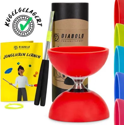 A diabolo set with accessories and instructional booklet, presented on a white background.