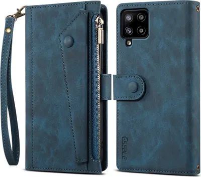 Image de Etui de protection pour Samsung Galaxy A42 5G, étui en cuir avec fermeture éclair, portefeuille pliable avec fente pour cartes, support et boucle bleu