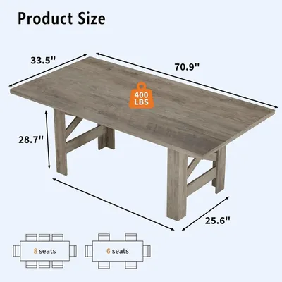 Produktbild von Landhaus Esstisch aus Holz - Rechteckiger Esstisch für 6–8 Personen - Stabile Beine - Dicke Tischplatte - Für Küche und Esszimmer - Grau