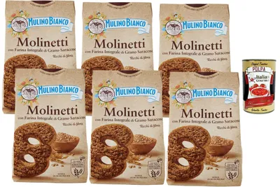 Produktbild von Mulino Bianco Molinetti Vollkornkekse mit Buchweizen 6 x 350 g knusprige Frühstückskekse reich an Ballaststoffen ohne Palmöl + Italian Gourmet polpa