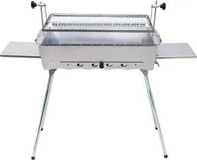A stainless steel charcoal grill with foldable legs and side shelves, shown against a white background.