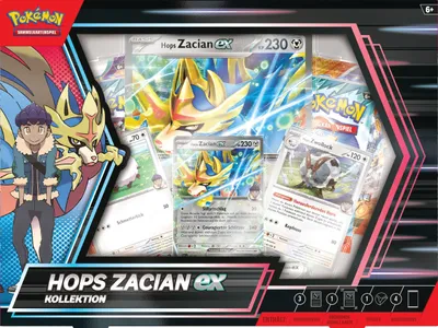 A product box for a Pokemon trading card game collection, featuring artwork of characters and cards.