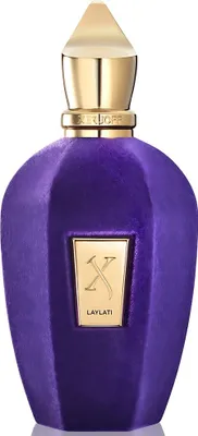 A studio shot of a purple perfume bottle with a gold cap and label.