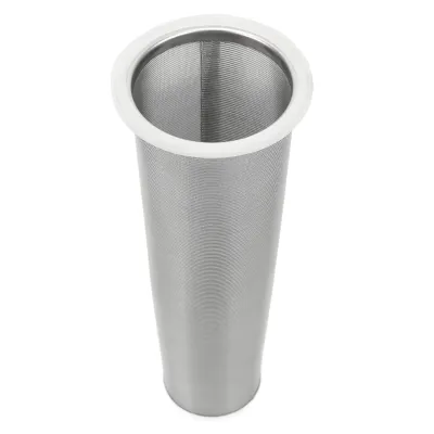 A stainless steel tea infuser with a white rubber ring at the top, shown against a white background.