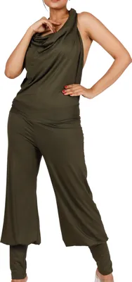 Produktbild von Boho Jumpsuit mit Schalkragen, Sommer Pluderhose, Overall, Aladin Hosenkleid - Olivgrün, Damen, Viskose,Elasthan, Größe: M/L