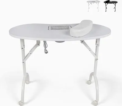 A white foldable manicure table with a built-in fan and armrest, shown on a white background. Small inset images of white and black versions of the table are in the top right corner.