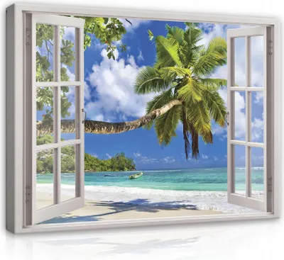 Produktbild von Leinwandbild Fenster Strand Meer 120x80 cm XXL Fensterblick Modern Canvas Bilder Leinwandbilder Schlafzimmer Wohnzimmer Wandbilder Kunstdruck Wand Bild auf Leinwand Aufhängefertig