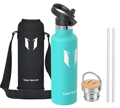 Produktbild von Super Sparrow Trinkflasche Edelstahl - 750ml - Auslaufsicher Thermoskanne, BPA-Frei Thermosflasche - Trinkflaschen Kinder für Sprudel, Sport, Schule, Fitness - Mit 2 Deckeln