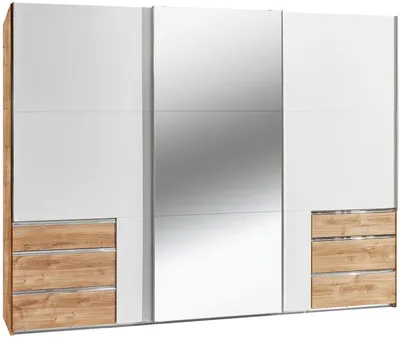 Produktbild von Schwebetürenschrank Level Kleiderschrank mit Spiegel Ausführung wählbar,Weiß / Plankeneiche,300x65x216cm