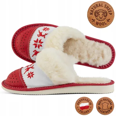 Produktbild von Damen Hausschuhe Tylbut Leder Wolle Rot Weihnachtlich Handgenäht Gr. 38