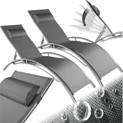 Two grey lounge chairs with adjustable backs are shown on a white background. A close-up of one chair's fabric and a detail of the adjustable back mechanism are also visible.