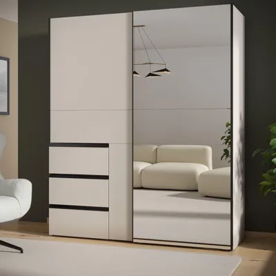 Produktbild von Forte WINN 2 moderner Kleiderschrank 170, Schwebetürenschrank mit Spiegel, 2-türig, 3 Schubladen, Holzwerkstoff, Kaschmir|Beige, 170,3 cm breit x 200,5 cm hoch x 61,2 cm tief