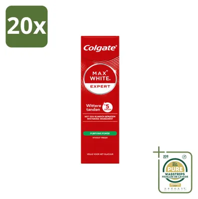 Imagen del producto de 20 unidades de pasta dental Colgate Max White Expert Purifying Power, blanqueadora, de 75 ml. Pack ahorro