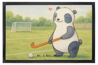Produktbild von Mr. & Mrs. Panda Bodenvorleger Panda Hockey spielen Design 40 x 60 cm - Weiß - Geschenk, Fußabtreter, fußmatte, Hockeyschläger, Verein, Feldhockey, Türmatte, Schmutzmatte