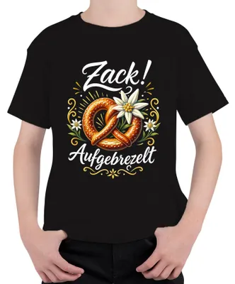 Productafbeelding van Zacht gebakken pretzel, edelweiss, traditioneel Alpendorp, lederen broek, kinder T-shirt, zwart, maat 152