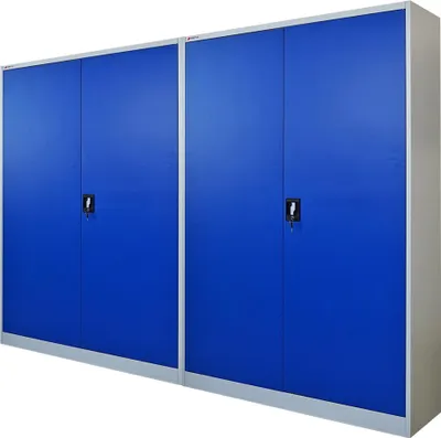 Produktbild von Mega Deal | 2x Flügeltürenschrank ELEPHANT mit 2 Türen, abschließbar | HxBxT 180x120x40cm | 4 Ebenen | Stahl mit Pulverbeschichtung | Blau/Lichtgrau | Spind Aktenschrank Metallschrank Werkstattschrank Mehrzweckschrank