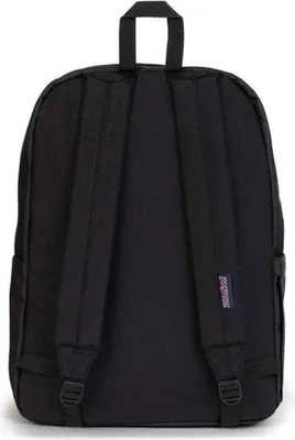 The back view of a black Jansport backpack.