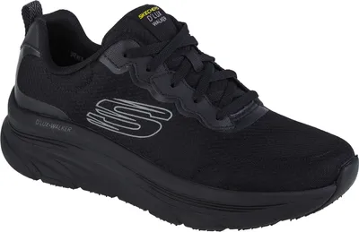 A black Skechers D'Lux Walker sneaker is shown from a side angle against a white background.