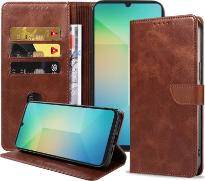A brown leather wallet-style phone case with a Samsung Galaxy A06 phone inside, showing credit cards and cash slots.