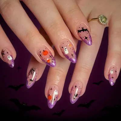 Produktbild von Press on Nails Mittellang Lila Glitzer French Tip Halloween Motiv 24 Stück Set