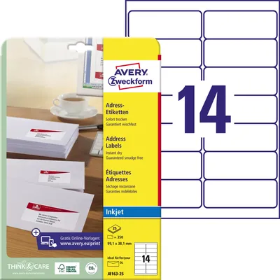 Obrázek produktu pro Avery - Adressetiketten - weiß - 99,1 x 38,1 mm - 350 Etikett(en) (25 Bogen x 14) (J8163-25)