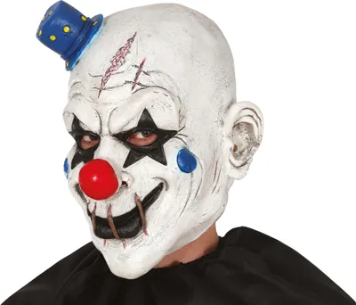 Productafbeelding van Clown-horror masker, griezelige clown met opvallende hoed, onheilspellende uitstraling, geschikt voor Halloweenfeestjes. Kleur: Meerkleurig