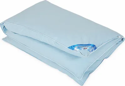 A folded blue duvet or comforter with white piping, lying on a white background. A label is visible on the top layer.