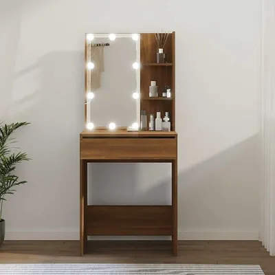 Imagen del producto de Tocador con iluminación LED y espejo, mesa de maquillaje con diseño en imitación a madera de roble, tocador con cajón y estantes, mesa de maquillaje moderna para dormitorio, 60x40x140 cm