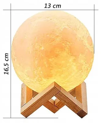 A moon-shaped lamp with a wooden stand, with dimensions indicated.
