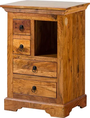 A wooden nightstand with drawers and an open shelf.