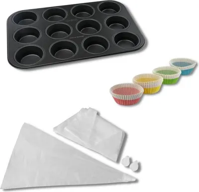 Produktbild von Muffin Form 12er, Nirosta, 3-teiliges Set mit Papierförmchen und Spritzbeuteln, Edelstahl, ZENKER