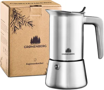 Produktbild von Espressokocher Edelstahl 4 Tassen Induktion I Mokkakanne inkl. Ersatzdichtung I Mokkakocher (200 ml Füllmenge)