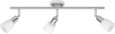 A three-headed track light fixture with white shades and a silver metal bar and base.