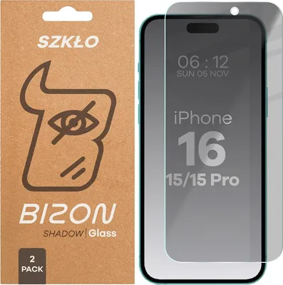 Produktbild von Gehärtetes Glas mit Privatschutzfilter für iPhone 15 / 15 Pro / 16 , Bizon Glass Clear Shadow Duo, getönt, 2 Stück